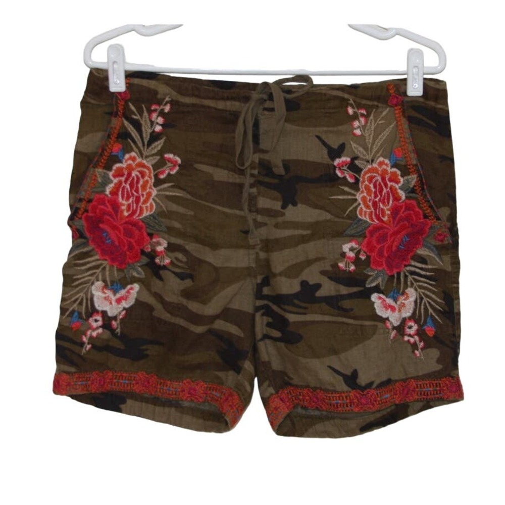 Johnny Was Camo Print Linen Embroidered Floral Shorts W Pockets Small